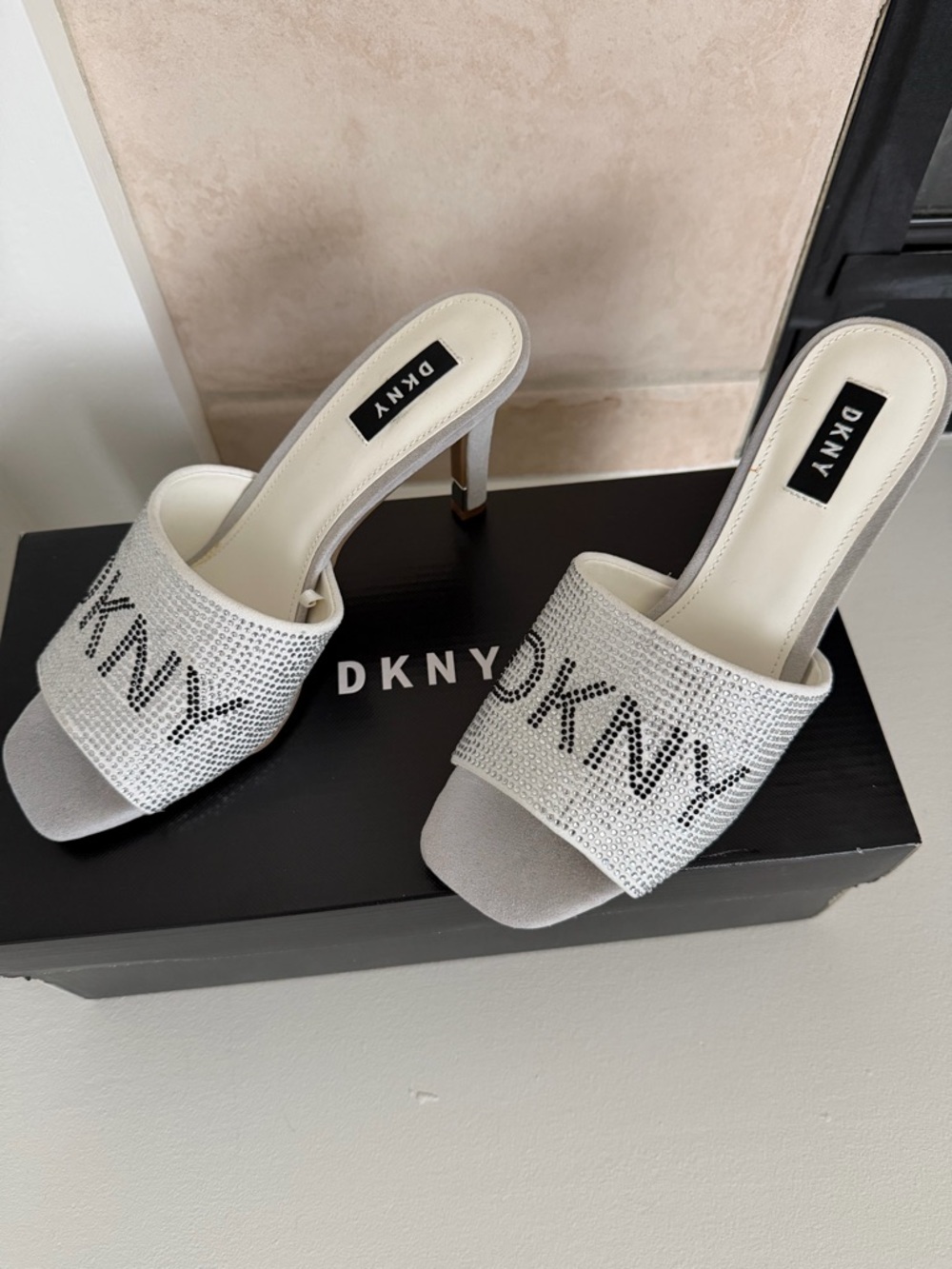 New DKNY Silver Crystal Logo Slide Mules